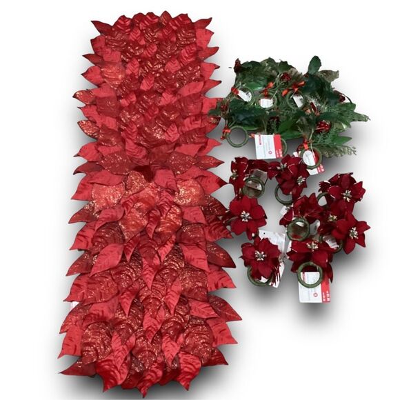 Poinsettia Petals Christmas Holiday Table Runner with 15 Poinsettia and Mistleto - Picture 1 of 13
